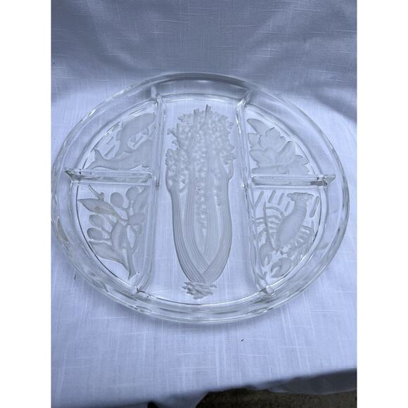 Vintage 10 Inch 5 Section Vegetable Tray Etched Fish Lobster Celery Vegetables - Picture 8 of 8